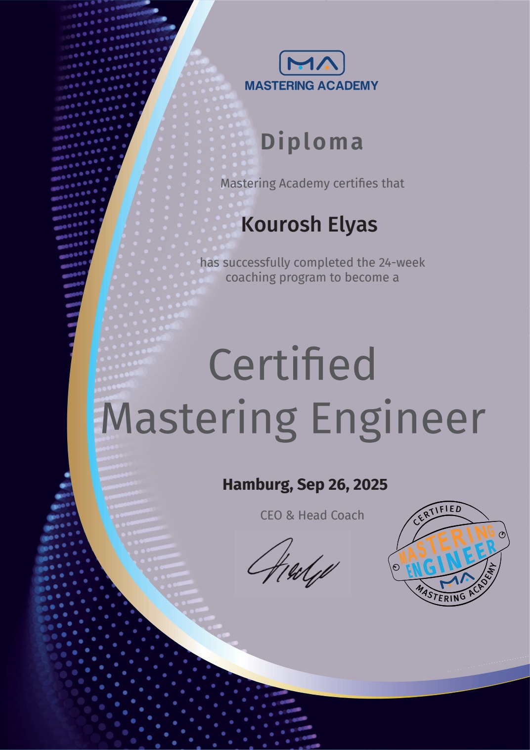 Mastering Academy diploma certifying Kourosh Elyas as a Certified Mastering Engineer
