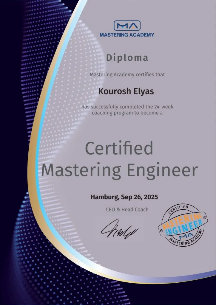 Mastering Academy diploma certifying Kourosh Elyas as a Certified Mastering Engineer